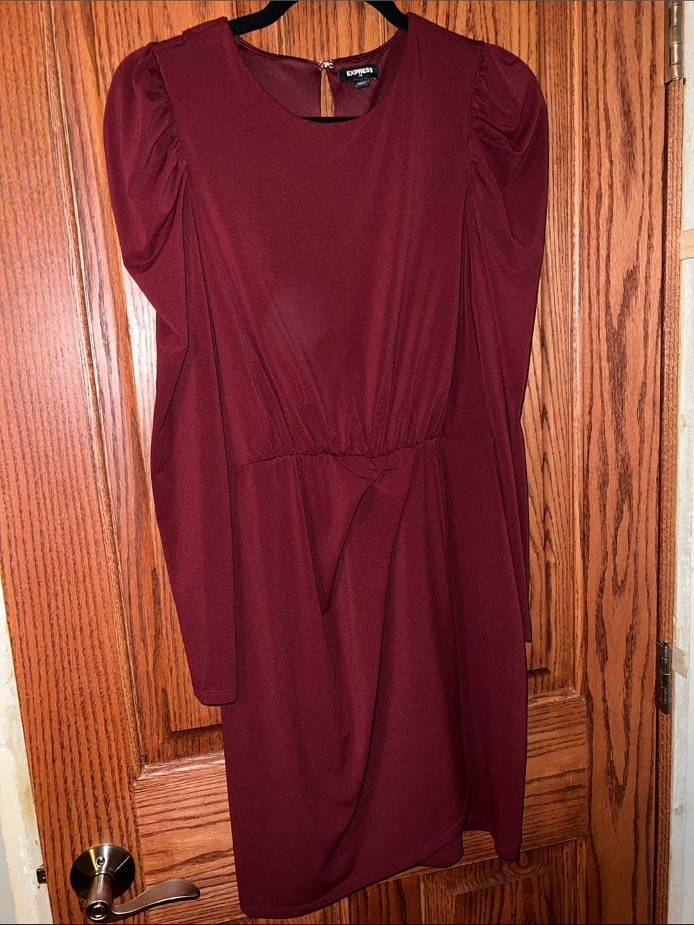 Express Maroon Long Sleeve Gathered Waist Dress